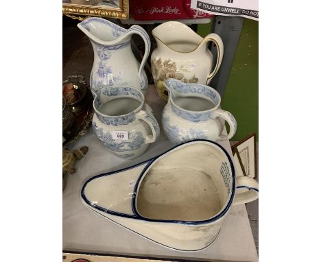 TWO LARGE WATER JUGS, TWO MEDIUM BLUE AND WHITE WATER JUGS AND A VINTAGE CERAMIC BED PAN 