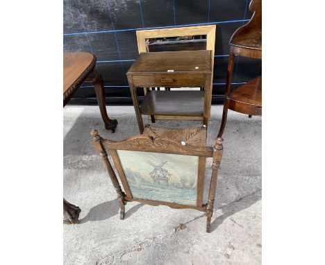 A TAPESTRY FIRE SCREEN, WOVEN STOOL, OAK TWO TIER SERVER TABLE AND BEECH MIRROR 