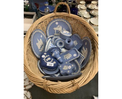 A BASKET OF NUMEROUS BLUE AND WHITE WEDGEWOOD JASPERWARE ITEMS 