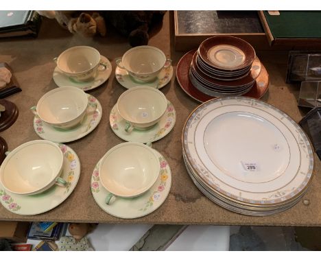 AN ASSORTMENT OF CHINA TO INCLUDE SOUP SAUCERS AND PLATES (ONE A/F) 
