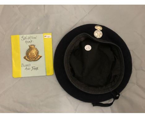 SALVATION ARMY CAP BADGE AND A BLACK BERET WITH ROYAL WELSH FUSILIERS BADGE 