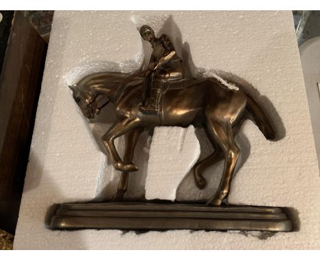 A BOXED REFLECTIONS BY LEONARDO BRONZE EFFECT HORSE AND JOCKEY FIGURE 