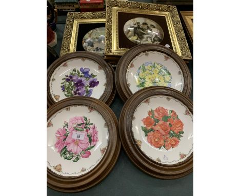 A SELECTION OF FRAMED ITEMS TO INCLUDE FOUR ROYAL ALBERT PLATES AND TWO CERAMIC PLAQUES 