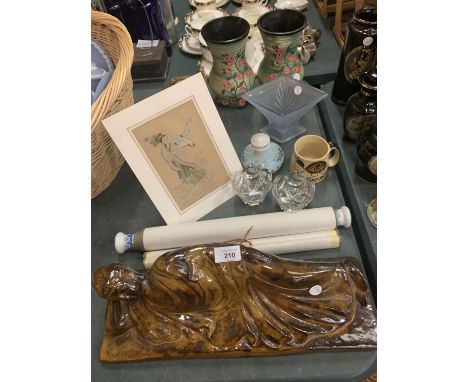 A SELECTION OF ITEMS TO INCLUDE A RECLINING BUDDHA AND A CHINESE SCROLL 
