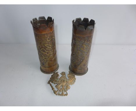 TWO WORLD WAR I TRENCH ART SHELL CASES DATED 1915 AND 1917, DECORATION OF SOMME AND ARRAS AND A BAVARIAN BADGE 