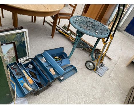 A SACK TRUCK, GARDEN TOOLS, PLASTIC GARDEN TABLE AND TWO TOOL BOXES 