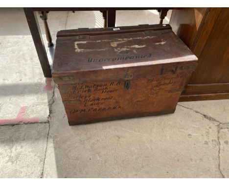 A 19TH CENTURY LEATHER OFFICERS TRAVELLING TRUNK (LT N.M.WATSON C/O MFOPODUK), ALSO INSCRIBED UNACCOMPANIED, 27"x18"x18" 