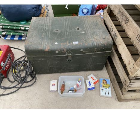 A VINTAGE TIN TRUNK, CARDS, PUBS ITEMS ETC 