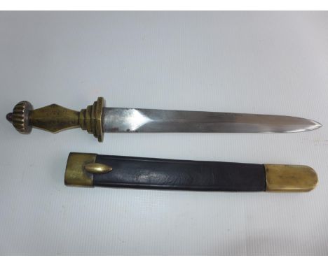 A HEAVY BRASS GRIPPED KNIFE AND SCABBARD, 28cm BLADE 