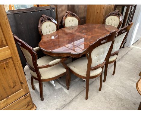 AN ITALIAN STYLE OVAL INLAID DINING TABLE TOGETHER WITH SIX BUTTON BACK DINING CHAIRS 