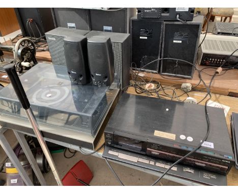 A FIDELITY RECORD PLAYER AND SPEAKERS, AN AIWA STEREO CASSETTE DECK 