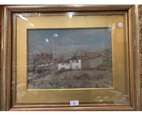 A GILT FRAMED PASTEL ON BOARD OF A FARMING SCENE 