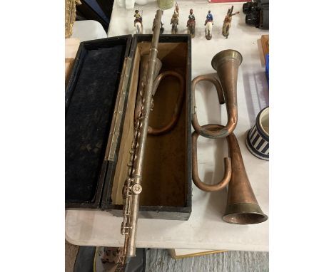 A BUFFET FLUTE AND THREE BUGLE PARTS IN A WOODEN CASE 