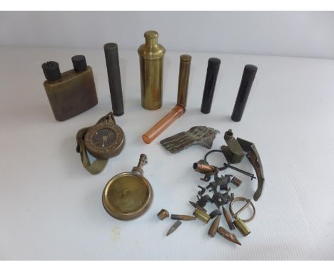 A COLLECTION OF ASSORTED OIL BOTTLES, SHRAPNEL, FIRED BULLETS, COMPASS WATCH ETC 