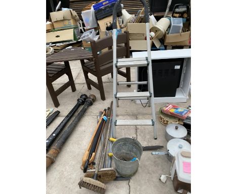 A STEP LADDER, GARDEN TOOLS, GALVANISED BUCKET, WALKING STICKS ETC 