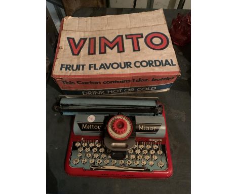 A VINTAGE METTOY MINOR TOY TYPEWRITER MADE IN GREAT BRITAIN AND A VIMTO CORDIAL ADVERTISING CARDBOARD BOX 