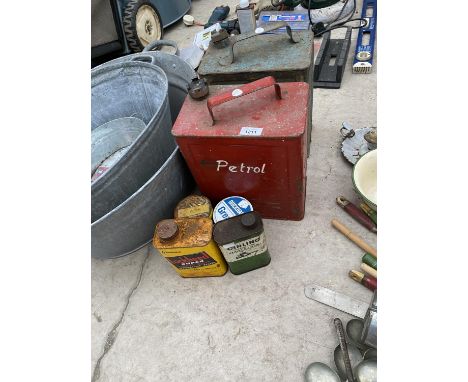 TWO VINTAGE PETROL CANS AND VINTAGE AUTOMOBILE CANS 