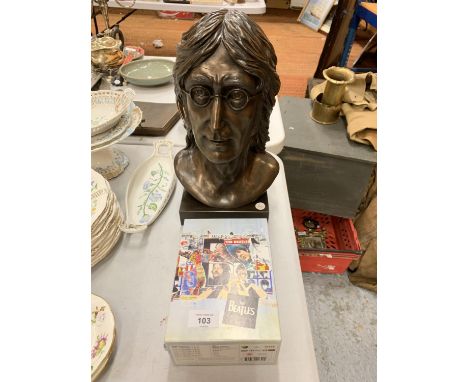 A COLD CAST BRONZE SIGNED JOHN LENNON BUST  E D GREENWOOD 1990 0793/049 AND THE BEATLES FIVE CD ANTHOLOGY SET 