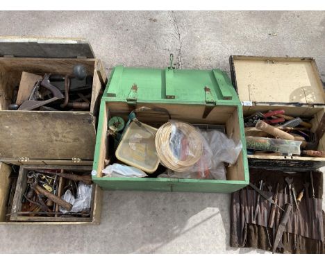 FIVE BOXES OF VARIOUS TOOLS AND HARDWARE 