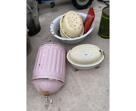 VARIOUS VINTAGE ENAMEL ITEMS - BAKING TINS ETC 