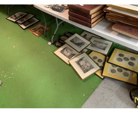 SEVERAL LARGE FRAMED PRINTS OF HUNTING SCENES, BOATS IN HARBOUR,  SET OF SIX PRINTS WITH IMAGES OF NORTHGATE AND EASTGATE STR