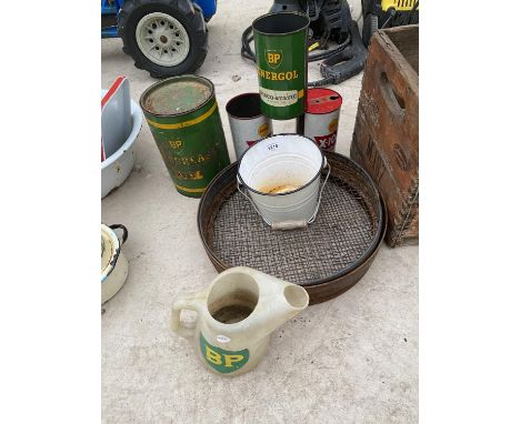 A OIL SIEVE, ENAMEL CAN AND VINTAGE AUTOMOBILE CANS 