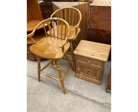 A PINE BEDSIDE LOCKER AND PAIR OF HIGH KITCHENS TOOLS 