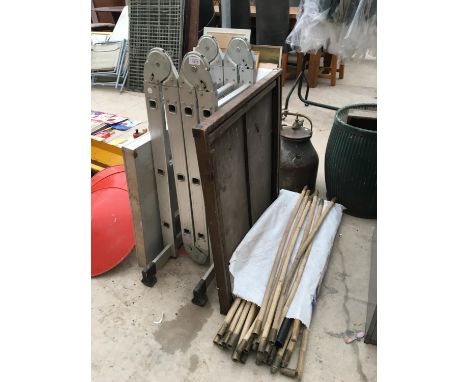 AN ALUMINIUM MULTIPURPOSE LADDER, DRAINING RODS, METAL TRAY ETC 