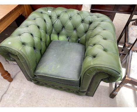 A THOMAS LLOYD GREEN LEATHER BUTTON BACK EASY CHAIR 
