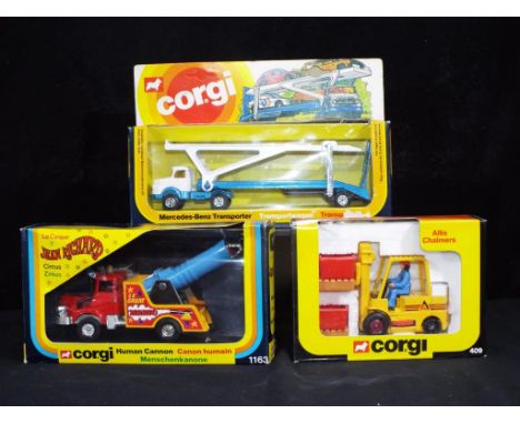 Diecast - Corgi - three vintage boxed Corgi commercial vehicles, including 1163 Jean Richard Human Cannon, 2014 Mercedes Benz