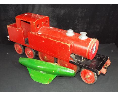 Vintage Toys - a wooden 2-4-4 push-along steam locomotive appears to have Tri-ang metal wheels, tyres have cracked, approxima