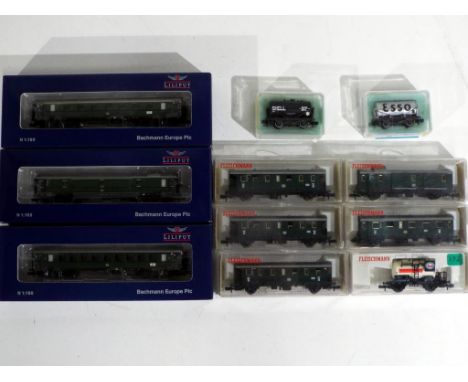 Model Railways - eight N gauge coaches and three tanker wagons by Bachmann and Fleischmann in original boxes, items appear to