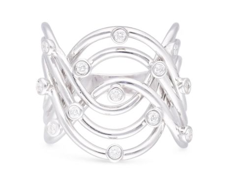18ct white gold six row, round brilliant cut diamond, scatter openwork swirl design, crossover ring, hallmarkedCondition Repo