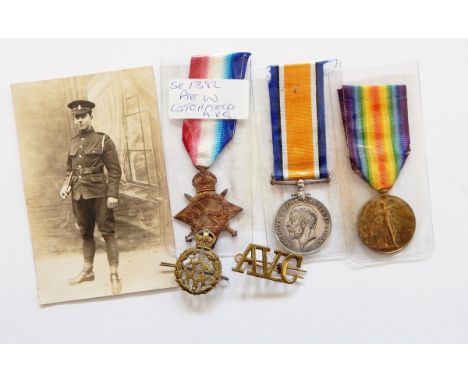 WWI 1914-15 Star, War medal and Victory medal awarded to 'SE1382 PTE W LICHFIELD A V C', two Army Veterinary Corps badges and