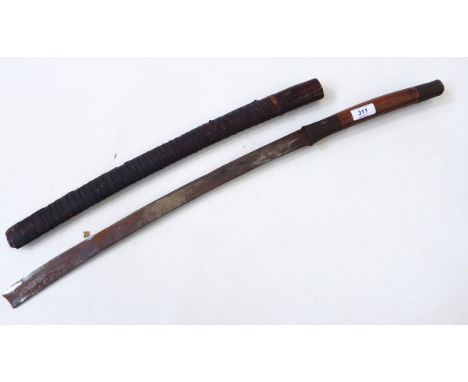 Japanese sword with wooden handle and metal mounts and a WWII fire axe, patent no.515767 with leather case (2) 