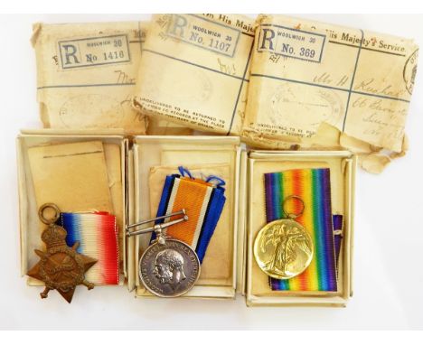 WWI 1914-15 star, War medal and Victory medal awarded to '44304 GNR H RUDHALL R F A', in original boxes of issue 