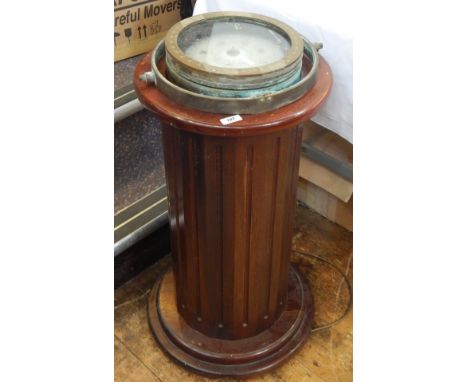 Brass ship's compass on a wooden circular column stand, marked Decca Arkas Type 41B90 to compass, 77cm high approx 
