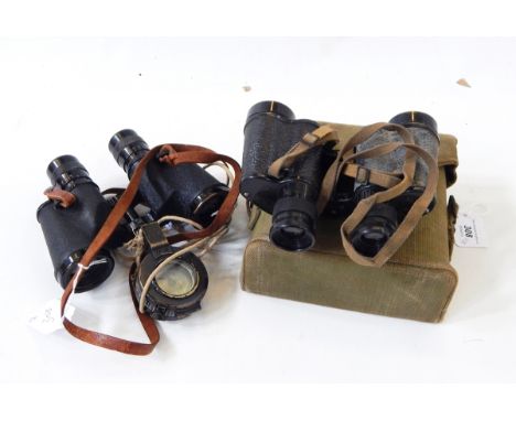Two WWII binoculars and a TG Co Ltd, London compass no.198157, marked 1942 MKIII to reverse (3) 