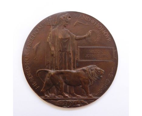 WWI Memorial plaque named to 'NELSON J SMITH 18028 Sgt M J Smith, 1st Bn, Gloucestershire Regiment killed in action 8th Septe
