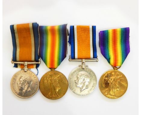Two WWI pairs of medals awarded to '18009 PTE W C PERRY Glouc R' and '19581 PTE D LEYLAND Glouc R' 