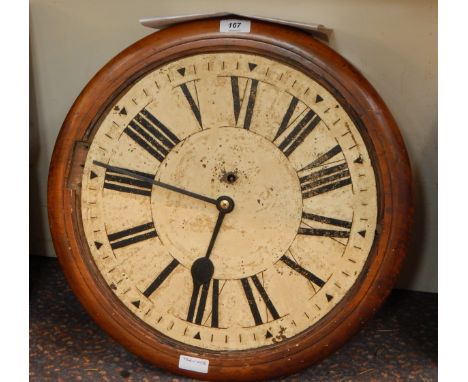 Large wooden framed wall clock with enamel Roman numeral dial (glass missing), 44cm diameter 