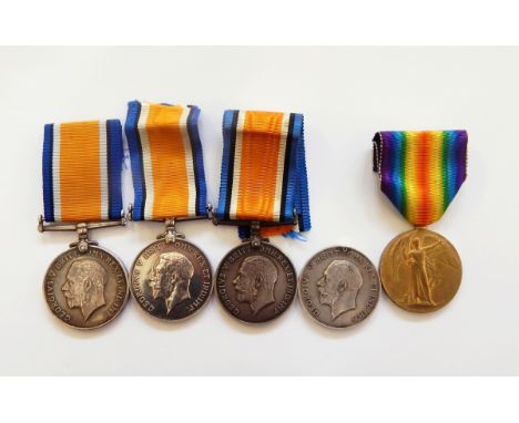 Five WWI medals named to '35262 PTE J MCLEAN Glouc R', '18081 PTE F W SIDDONS Glouc R', '19501 PTE A SHORT Glouc R', '26201 P