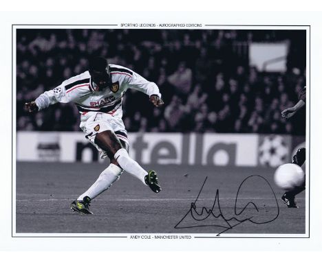 Autographed ANDY COLE 16 x 12 Edition : Col, depicting ANDY COLE scoring Manchester United's second goal in a memorable 3-3 d