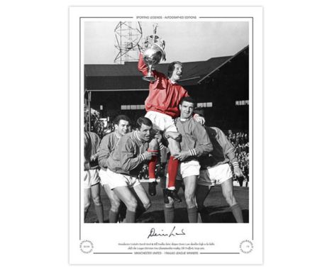 Autographed DENIS LAW 16 x 12 Limited-Edition : Colorized, depicting Manchester United captain DENIS LAW holding aloft the Fi