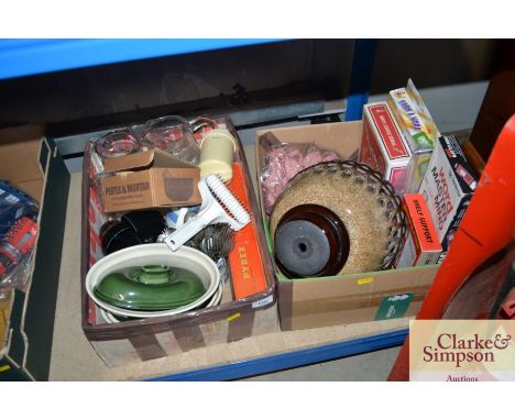 Two boxes of various items to include; a Pyrex rolling pin etc.