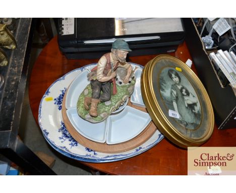 A pair of oval prints, hors d'oeuvre dish, cafe de monte style figure, meat plates
