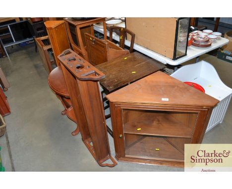 A corner cabinet together with an oak side table, hanging shelf, oval top side table, chair etc