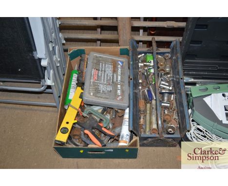 A box of various hand tools to include G clamps and a cantilever toolbox and contents 
