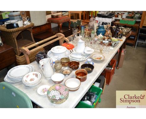 A large quantity of various sundry glass and china to include; owl ornaments, vases, white glazed dinnerware, Sadler glazed t