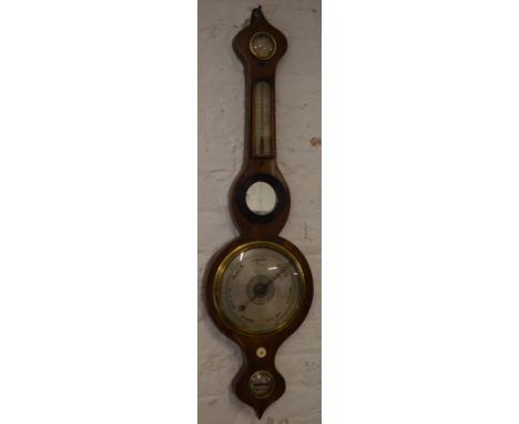 19th century banjo wall barometer with silvered dial, thermometer, onion top and small mirror, A D Mace, Stokesley